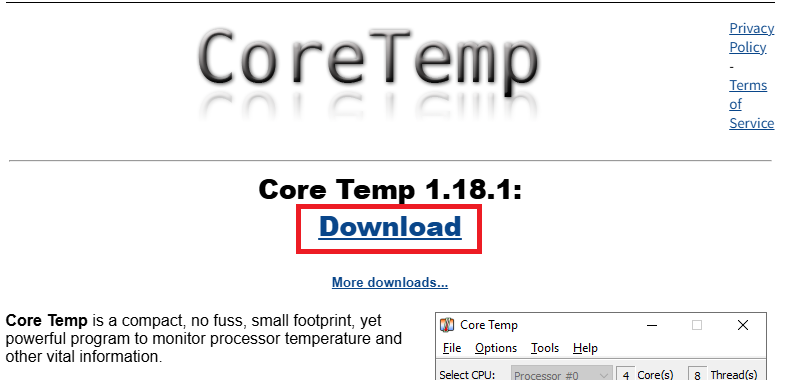Core TempをダウンロードしてCPU温度を計測