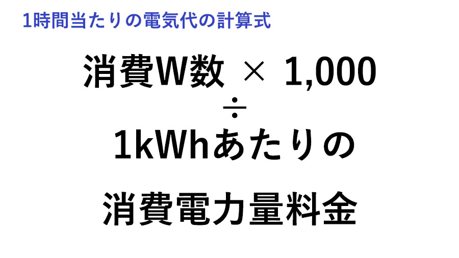 １時間当たりの電気代の計算式は「消費W数÷1000ｘ1kWhあたりの消費電力量料金」